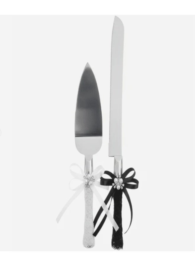 AKDC Wedding Cake Knife & Spatula Server Set – Stainless Steel, Black & White Handle - Image 1